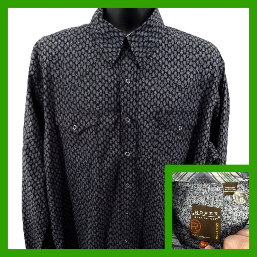 Roper Wear The West Pearl Snap Shirt Mens 2XL Black White Paisley Western‎ Work